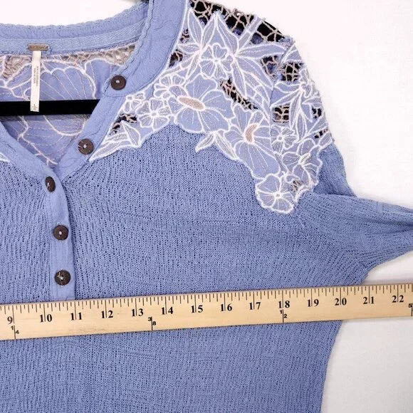 Free People Top Easy Breezy Lace Large Floral Applique Henley Long Sleeve Knit - Picture 12 of 14
